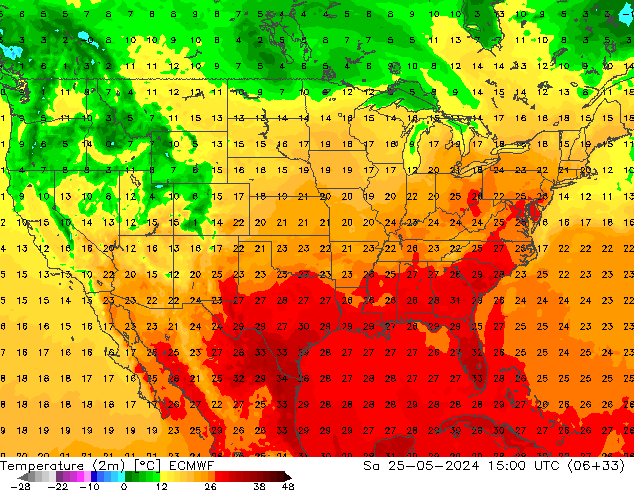 Temperature (2m) ECMWF Sa 25.05.2024 15 UTC