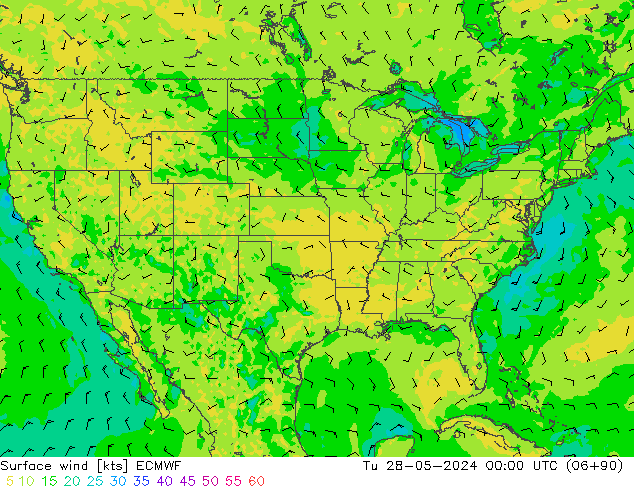 wiatr 10 m ECMWF wto. 28.05.2024 00 UTC