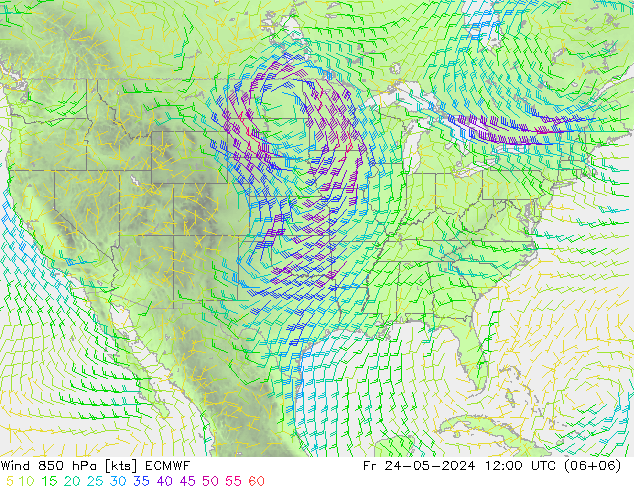 Rüzgar 850 hPa ECMWF Cu 24.05.2024 12 UTC