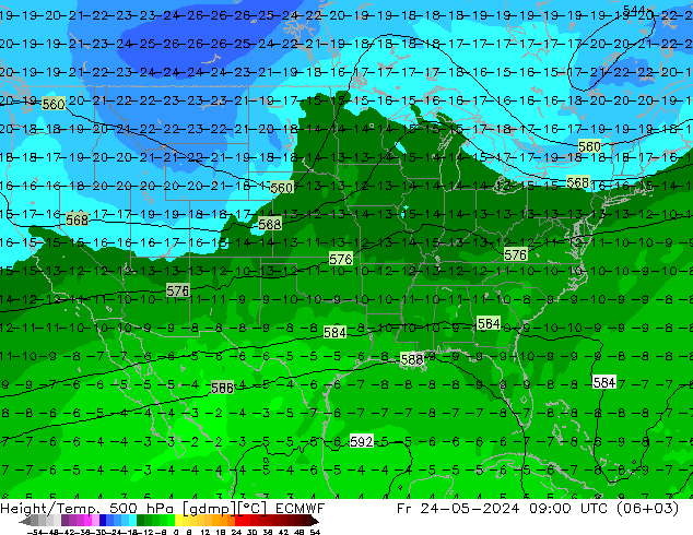 Height/Temp. 500 hPa ECMWF Fr 24.05.2024 09 UTC