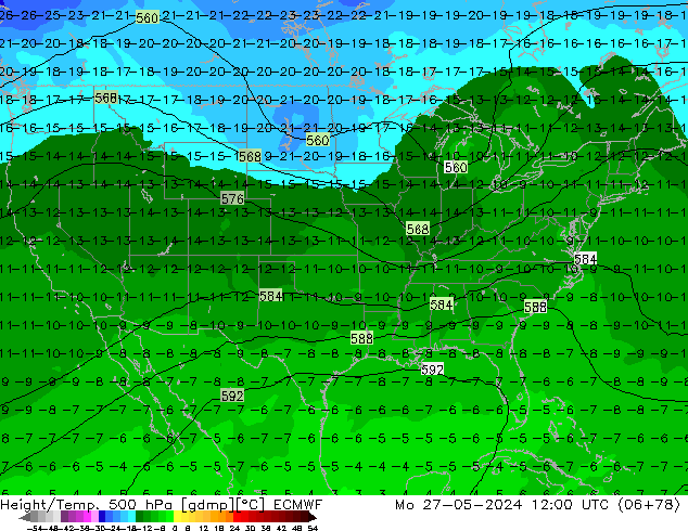 Z500/Rain (+SLP)/Z850 ECMWF Mo 27.05.2024 12 UTC