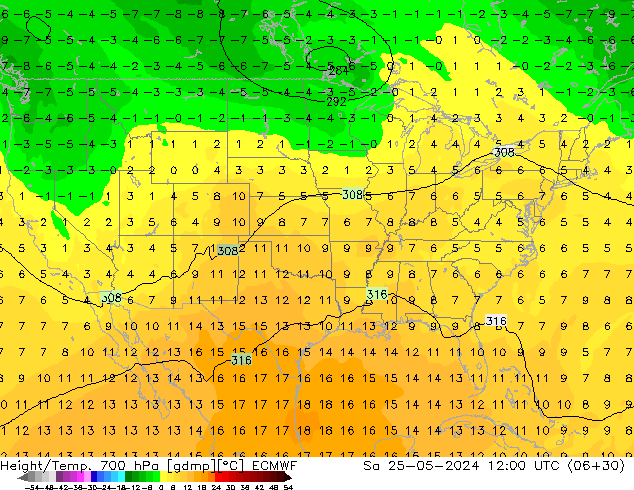 Height/Temp. 700 hPa ECMWF so. 25.05.2024 12 UTC