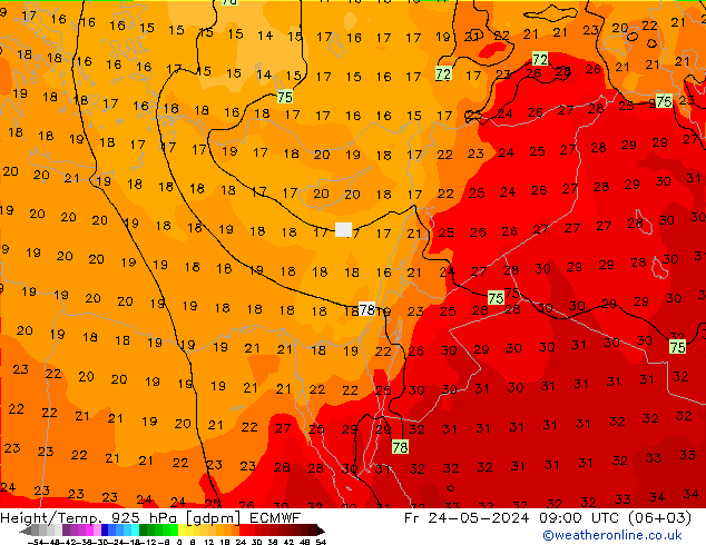 Height/Temp. 925 hPa ECMWF  24.05.2024 09 UTC