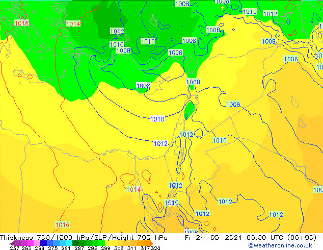 Thck 700-1000 hPa ECMWF Fr 24.05.2024 06 UTC