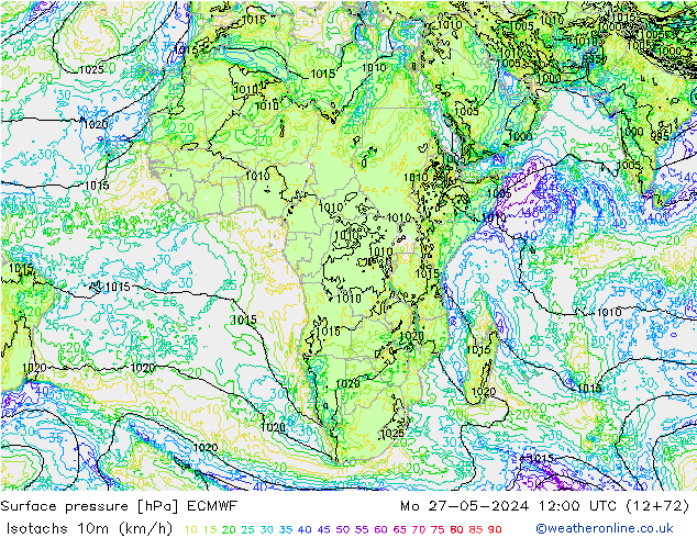 Isotachs (kph) ECMWF lun 27.05.2024 12 UTC