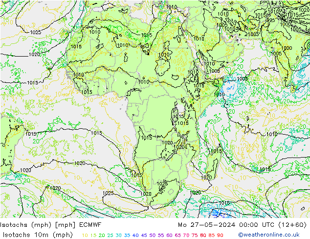 Isotachen (mph) ECMWF Mo 27.05.2024 00 UTC