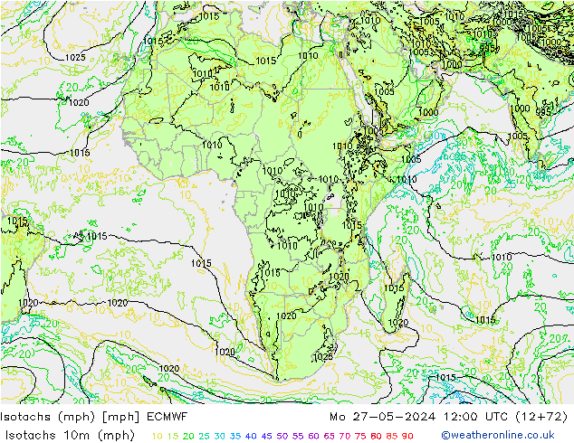 Isotachs (mph) ECMWF пн 27.05.2024 12 UTC