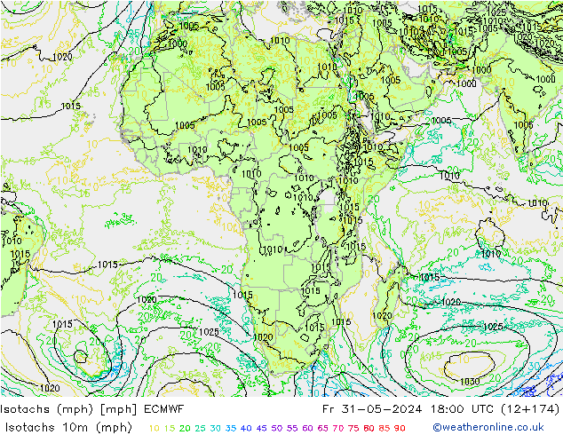 Isotachen (mph) ECMWF Fr 31.05.2024 18 UTC