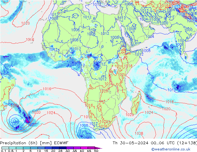 Precipitation (6h) ECMWF Th 30.05.2024 06 UTC