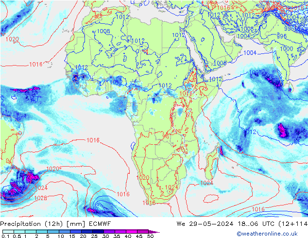 Precipitation (12h) ECMWF We 29.05.2024 06 UTC