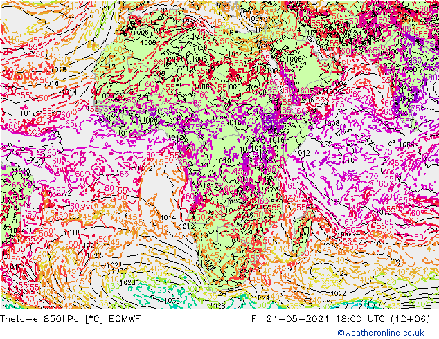 Theta-e 850hPa ECMWF Fr 24.05.2024 18 UTC