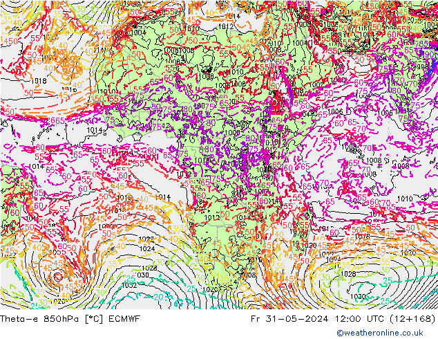 Theta-e 850hPa ECMWF ven 31.05.2024 12 UTC