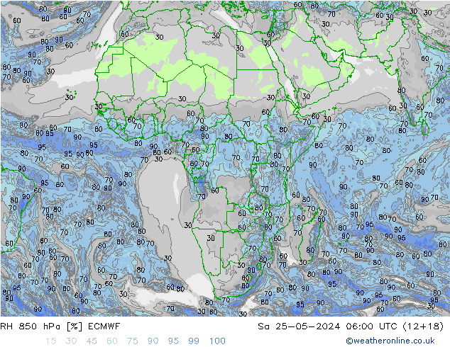 RH 850 гПа ECMWF сб 25.05.2024 06 UTC