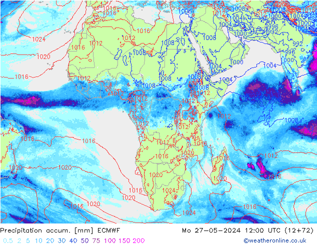 Precipitation accum. ECMWF пн 27.05.2024 12 UTC