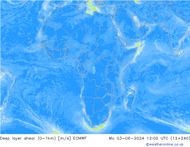 Deep layer shear (0-1km) ECMWF Mo 03.06.2024 12 UTC
