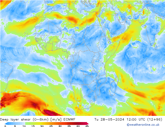 Deep layer shear (0-6km) ECMWF di 28.05.2024 12 UTC