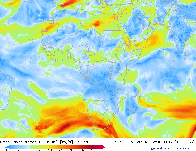 Deep layer shear (0-6km) ECMWF Pá 31.05.2024 12 UTC