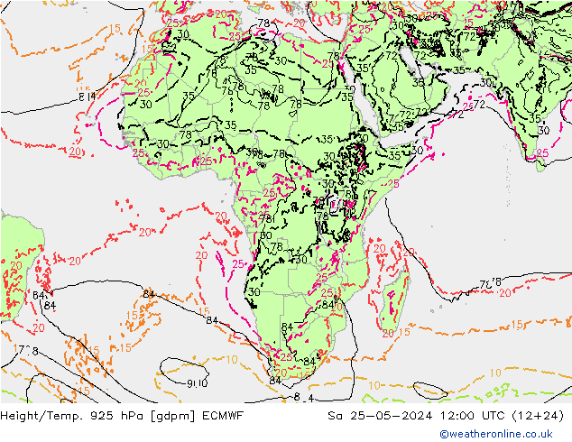 Géop./Temp. 925 hPa ECMWF sam 25.05.2024 12 UTC