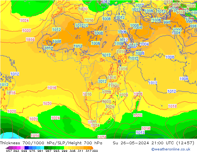 Schichtdicke 700-1000 hPa ECMWF So 26.05.2024 21 UTC