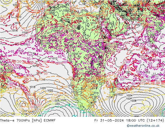 Theta-e 700hPa ECMWF  31.05.2024 18 UTC