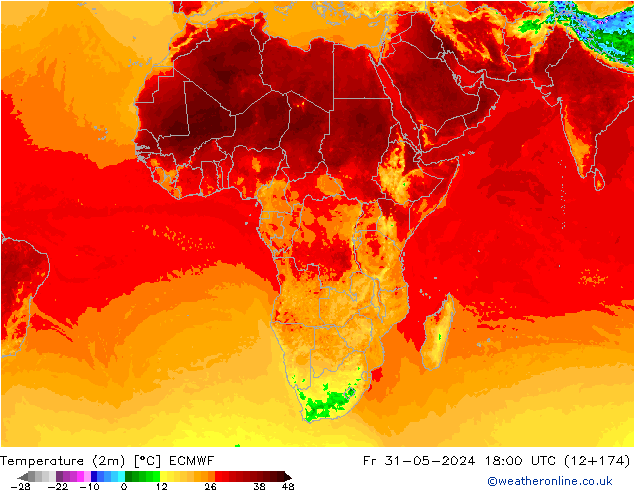 Temperatuurkaart (2m) ECMWF vr 31.05.2024 18 UTC