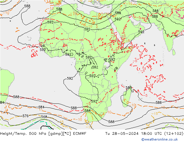 Z500/Rain (+SLP)/Z850 ECMWF wto. 28.05.2024 18 UTC