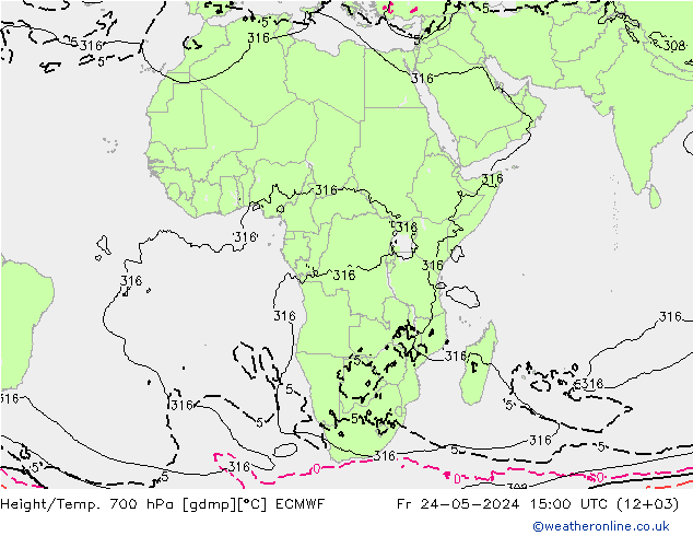 Height/Temp. 700 гПа ECMWF пт 24.05.2024 15 UTC