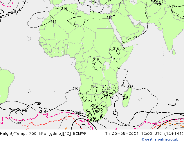 Hoogte/Temp. 700 hPa ECMWF do 30.05.2024 12 UTC