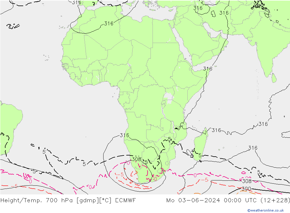 Height/Temp. 700 hPa ECMWF Po 03.06.2024 00 UTC