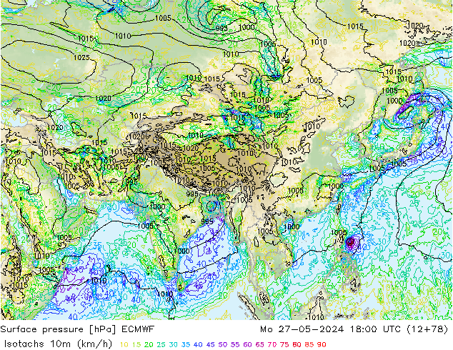 Izotacha (km/godz) ECMWF pon. 27.05.2024 18 UTC