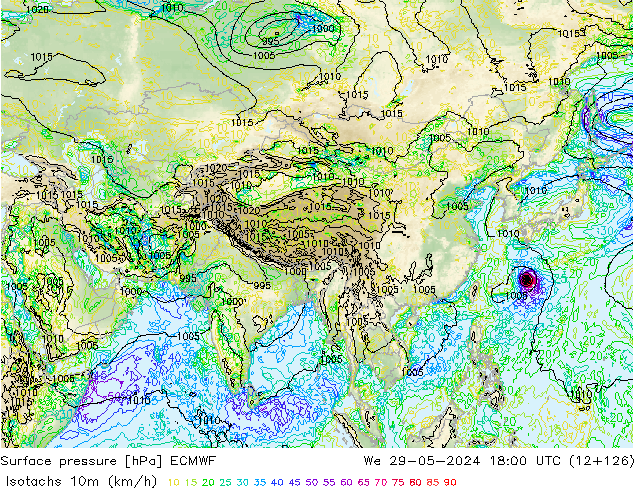 Isotachs (kph) ECMWF Qua 29.05.2024 18 UTC