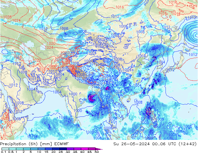 Totale neerslag (6h) ECMWF zo 26.05.2024 06 UTC