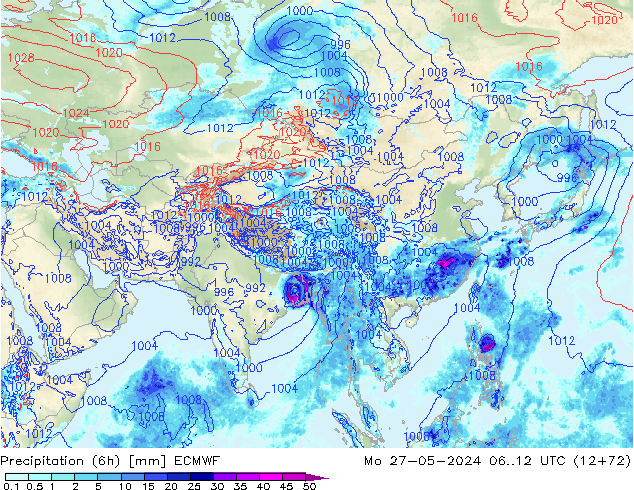 Z500/Rain (+SLP)/Z850 ECMWF Mo 27.05.2024 12 UTC