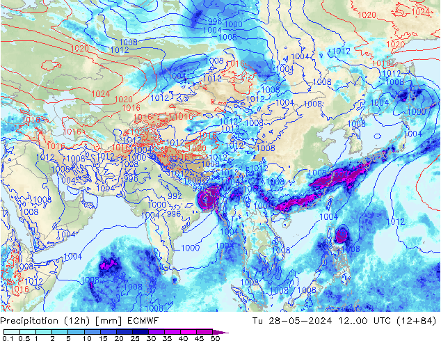 Precipitation (12h) ECMWF Tu 28.05.2024 00 UTC