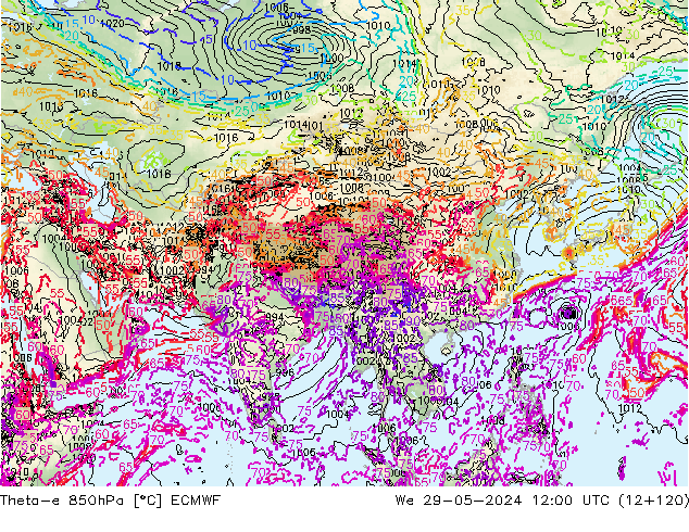 Theta-e 850hPa ECMWF śro. 29.05.2024 12 UTC