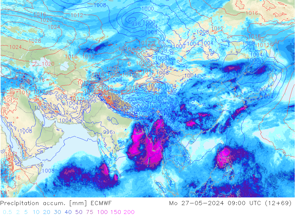 Precipitation accum. ECMWF pon. 27.05.2024 09 UTC