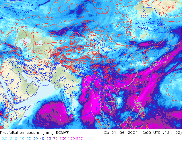 Precipitation accum. ECMWF Sa 01.06.2024 12 UTC