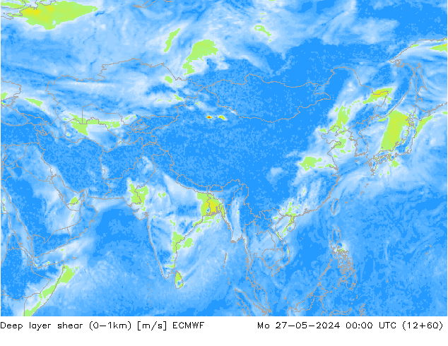 Deep layer shear (0-1km) ECMWF Mo 27.05.2024 00 UTC