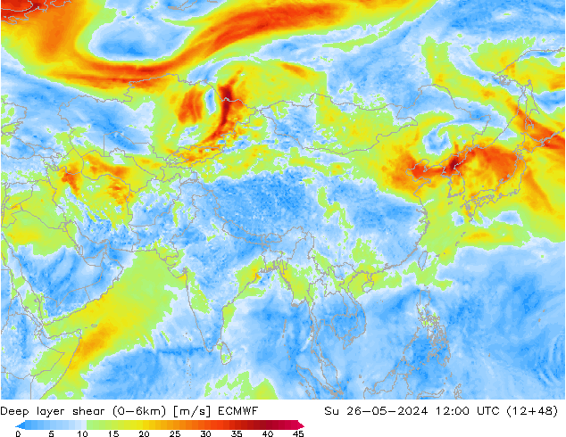 Deep layer shear (0-6km) ECMWF zo 26.05.2024 12 UTC