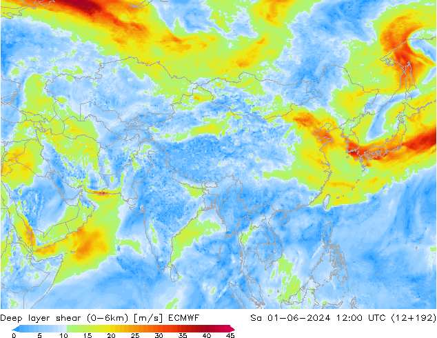 Deep layer shear (0-6km) ECMWF Sáb 01.06.2024 12 UTC