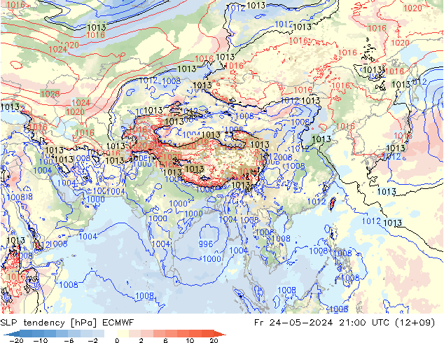 Druktendens (+/-) ECMWF vr 24.05.2024 21 UTC