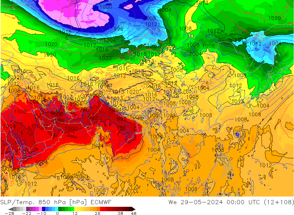 850 hPa Yer Bas./Sıc ECMWF Çar 29.05.2024 00 UTC