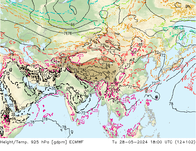 Yükseklik/Sıc. 925 hPa ECMWF Sa 28.05.2024 18 UTC