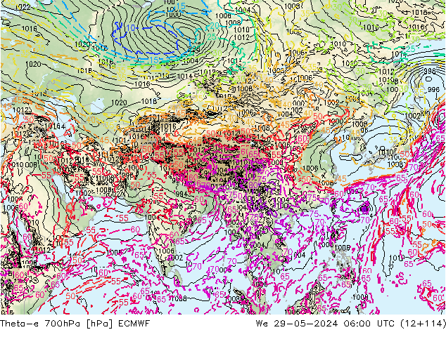 Theta-e 700hPa ECMWF śro. 29.05.2024 06 UTC