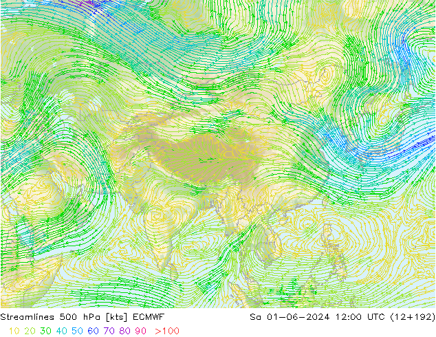 Linha de corrente 500 hPa ECMWF Sáb 01.06.2024 12 UTC