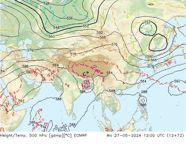 Z500/Rain (+SLP)/Z850 ECMWF Mo 27.05.2024 12 UTC