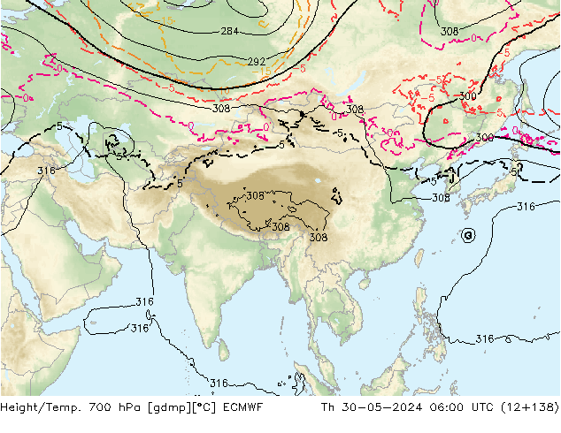 Hoogte/Temp. 700 hPa ECMWF do 30.05.2024 06 UTC