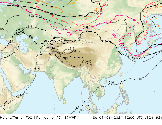 Hoogte/Temp. 700 hPa ECMWF za 01.06.2024 12 UTC