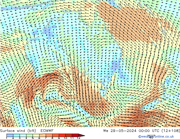 Surface wind (bft) ECMWF We 29.05.2024 00 UTC