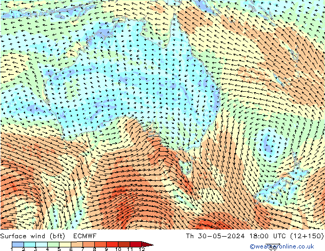 Viento 10 m (bft) ECMWF jue 30.05.2024 18 UTC